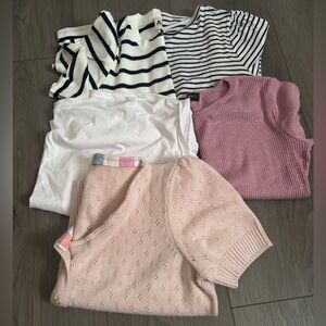 Anne Klein Short Sleeve Tops - Striped, White, Pink, and Cream